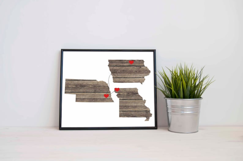 Three States Love Wedding Gift Personalized State Heart Natural Series Custom Location Modern Art Print Distance image 4