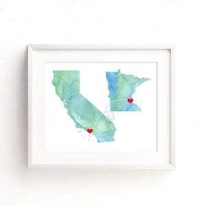 Personalized Gift Two States Love Watercolor Wedding Gift State Heart Natural Series Custom Location Modern Art Print image 2