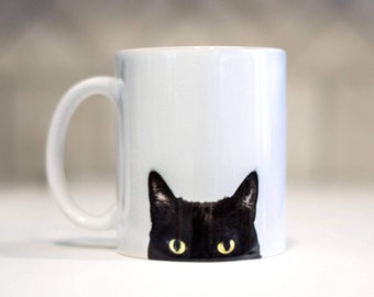 Black Cat watching you Coffee Mug - with tail