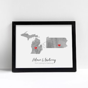 Personalized Gift Two States Love - Watercolor Wedding Gift  - State Heart Watercolor Series - Custom Location Modern Art Print
