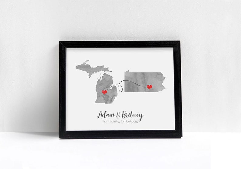 Personalized Gift Two States Love Watercolor Wedding Gift State Heart Watercolor Series Custom Location Modern Art Print image 1