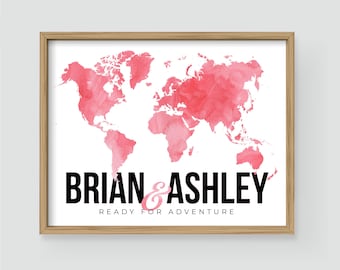 Personalized World Map Print – Watercolor Wedding Gift