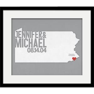 Pennsylvania Wedding Gift - Personalized City State and Heart Silhouette - Custom Wedding Date - Location Modern Art Print - 8x10