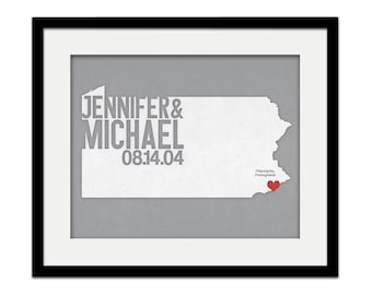 Pennsylvania Wedding Gift - Personalized City State and Heart Silhouette - Custom Wedding Date - Location Modern Art Print - 8x10
