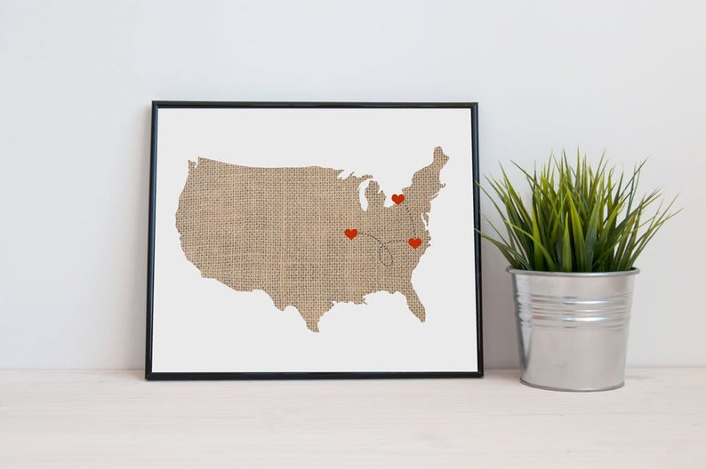 Carte des États-Unis personnalisée impression coeur lignes pointillées Love Connection cadeau artistique mariage aux États-Unis Style 1
