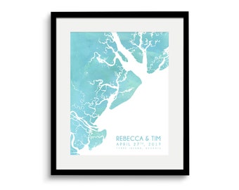 Hilton Head South Carolina and Tybee Island Watercolor Map - I Love SC - Hometown Wall Art Gift Souvenir