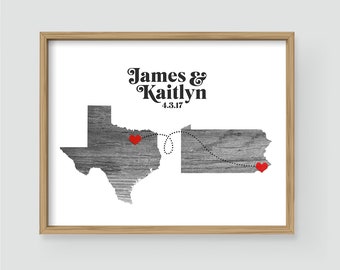 Two State or Country Love Connection Modern Text Gift - Long Distance Map Print