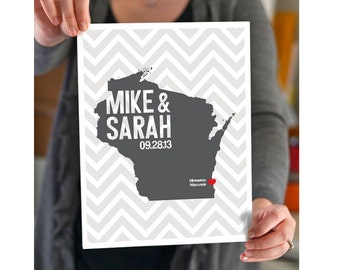 Wisconsin Wedding Gift - Personalized State and Heart - Custom Wedding Date - Anniversary - Location City State Modern Art Print - 8x10