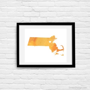 Massachusetts or ANY STATE Map Custom Personalized Heart Print I Love Boston Hometown Wall Art Gift Souvenir Watercolor Series image 1