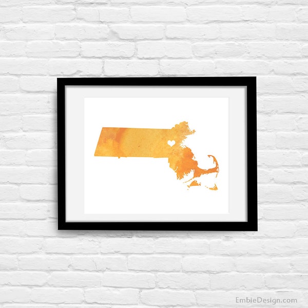 Massachusetts or ANY STATE Map - Custom Personalized Heart Print - I Love Boston - Hometown Wall Art Gift Souvenir - Watercolor Series