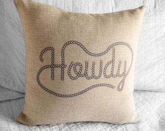 Howdy Burlap 14"x14" Pillow - Southern Charm Decor, Western Greetings, Farmhouse Style Accent Pillow