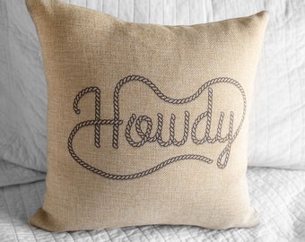 Howdy Burlap 14"x14" Pillow - Southern Charm Decor, Western Greetings, Farmhouse Style Accent Pillow