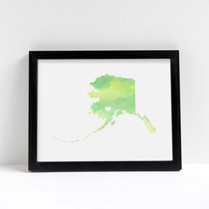 Alaska or ANY STATE Map - Custom Personalized Heart Print - I Love Anchorage - Hometown Wall Art Gift Souvenir - Watercolor Series