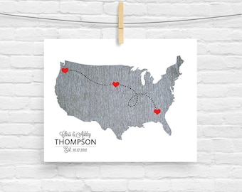 USA Map custom Personalized Heart Print - I Love America - Dotted Lines - Love Connection - Art Gift United States Destination Wedding