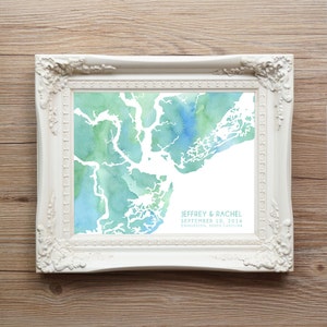 Impresión de mapa de acuarela de Charleston: regalo de boda personalizado, Carolina del Sur