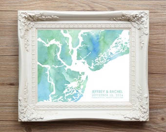 Charleston South Carolina Map - Custom Personalized Wedding Print - I Love SC - Hometown Wall Art Gift Souvenir - Watercolor Series