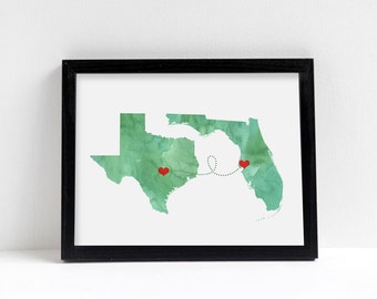 Personalized Gift Two States Love - Watercolor Wedding Gift  - State Heart Natural Series - Custom Location Modern Art Print