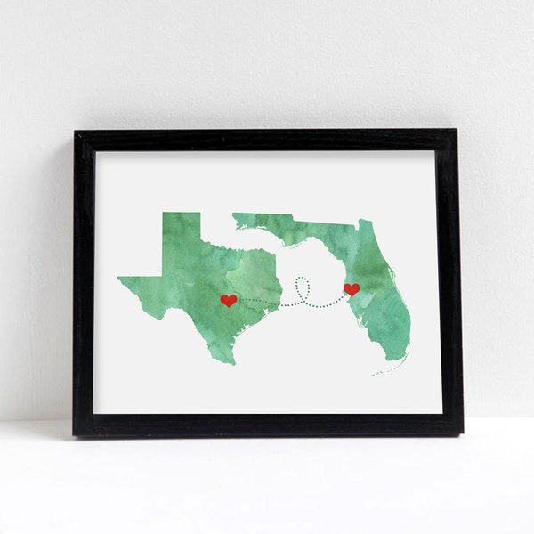 Personalized Gift Two States Love - Watercolor Wedding Gift  - State Heart Natural Series - Custom Location Modern Art Print