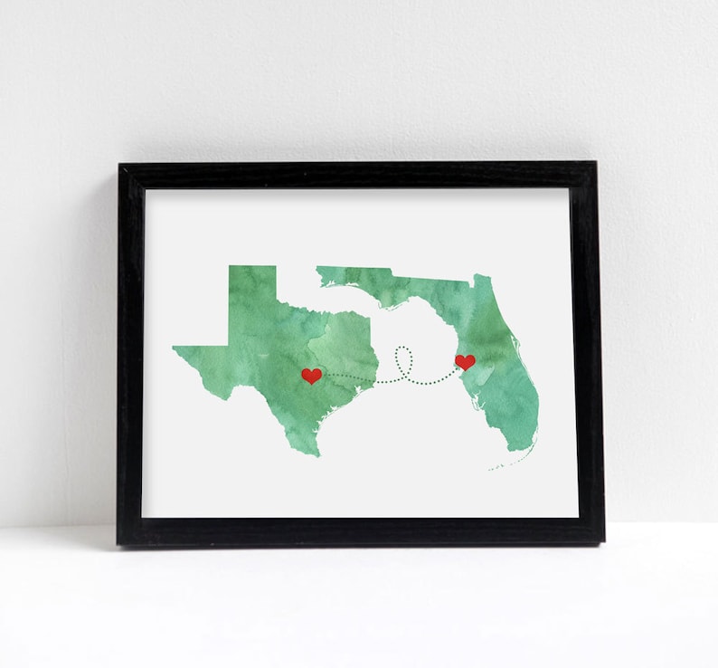 ANY Two State Print Watercolor Wedding Gift Personalized States Heart Custom Location image 6