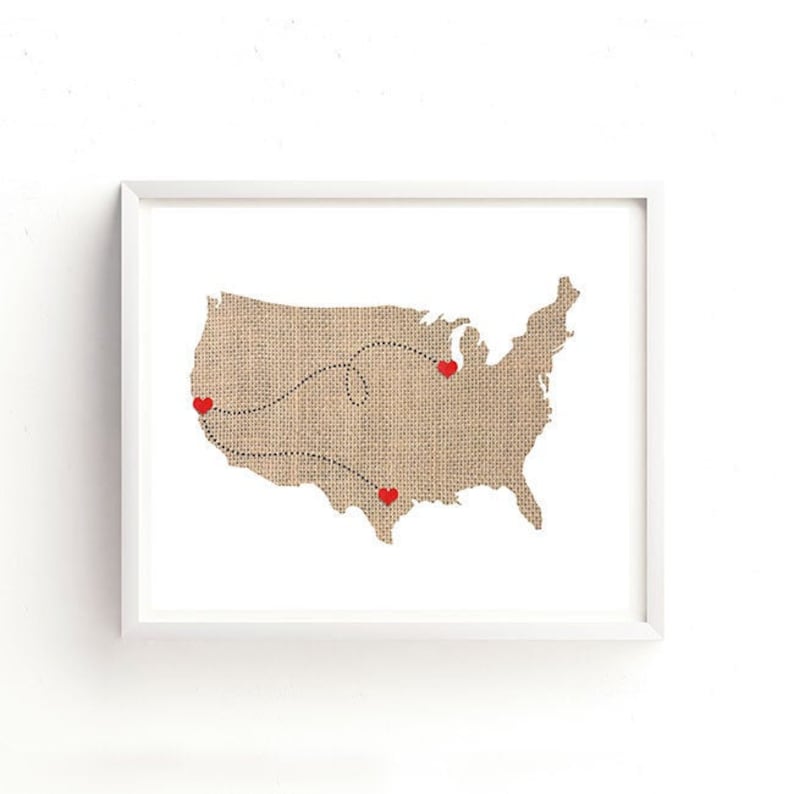 USA Map custom Personalized Heart Print Dotted Lines Love Connection Art Gift United States Destination Wedding image 1