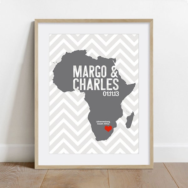 Africa Wedding Gift - Personalized Map - Custom Destination - Date - Location City and Country Modern Art Print - 8x10 Continent