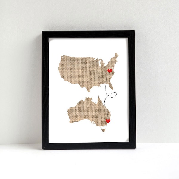 Two States Love Connection Map - Wedding Gift - Personalized State & Heart - Natural Series - Custom Location - Modern Art Print