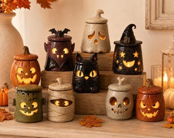 Keramische spooklantaarn voor Halloween, handgemaakte decoratie voor theelichtjes, gezellige cottage-stijl accent, herfstfeestdecoratie, cadeau voor haar