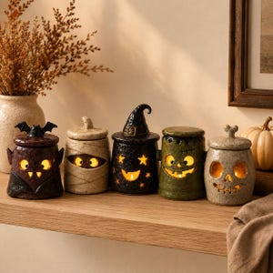 Puede incluir: Un conjunto de cinco tarros de cerámica con tapa con temática de Halloween, cada uno con un diseño de personaje único que incluye un vampiro, una momia, una bruja, un monstruo y una calavera. Cada tarro está iluminado desde el interior.