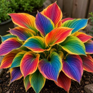 Könnte beinhalten: Eine lebendige Hosta-Pflanze mit breiten, herzförmigen Blättern und einem auffälligen panaschierten Muster. Jedes Blatt zeigt eine Mischung aus gesättigten Farben, darunter tiefes Blau, helles Gelb und leuchtendes Rot, die von der Mitte ausgehen.