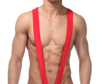 Men's Red Mankini Thong Bikini, High Cut Borat Style Bodysuit, Festival Pride Swimwear