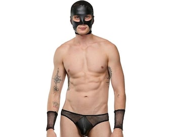 Men’s Mesh Brief Underwear, Fantasy Lingerie for Men, Black Faux Leather Brief, Exotic Clubwear, Festival Rave Underwear, Statement Lingerie