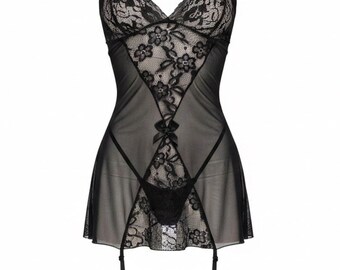 Black Lace Babydoll Lingerie Set, Sheer Mesh Chemise with Garter Straps, Sexy Bridal Lingerie, Honeymoon Nightwear, Valentine Gift for Her