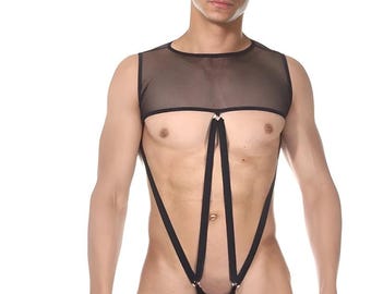 Black Mesh Leotard with Chain Straps, Sheer Male Lingerie, Festival Rave Wear, Erotic Femboy Bodysuit