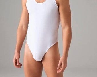Men's White Ribbed Cotton Bodysuit Thong – Seamless Slim Fit Lingerie Undershirt