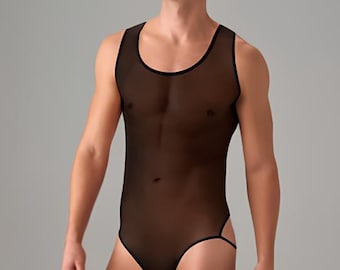 See Through Bodysuit for Men, Sheer Mesh Exotic Bodysuits, Black Transparent Harness Jumpsuit, Male Lingerie, Gay Interest Clubwear