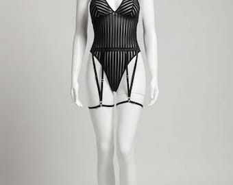 Black Sheer Mesh Bodysuit Lingerie with Garter Straps, Striped Teddy Lingerie, Sexy Halter Bodysuit, Bridal Lingerie Gift for Her