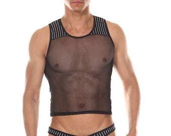 Men’s Sheer Mesh Beach Set, Black Transparent Tank Top & Thong Set, Summer Festival Outfit, Sexy Gay Beachwear, Lightweight See Through