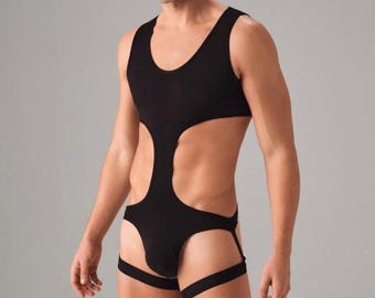Male Lingerie Black Bodysuit, Men's Body Harness Jumpsuit, Black Cotton Harness, Sexy Mens Underwear, Gay Underwear Clubwear