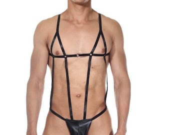Mens Lingerie Faux Leather Strappy Harness Thong Bodysuit, Mens Thong Exotic Dancewear, Rave Pride Outfit