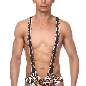 Leopard Print Mankini Bodysuit, Exotic Animal Pattern Wrestling Singlet