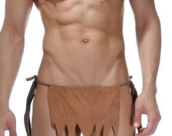 Mens Loincloth, Caveman Tarzan Costume, Suede Primitive Outfit, Jagged Cut Savage Briefs
