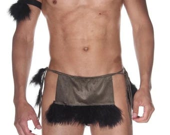 Mens Loincloth, Faux Fur Caveman Costume, Sexy Tarzan Underwear, Primal Gay Roleplay Lingerie