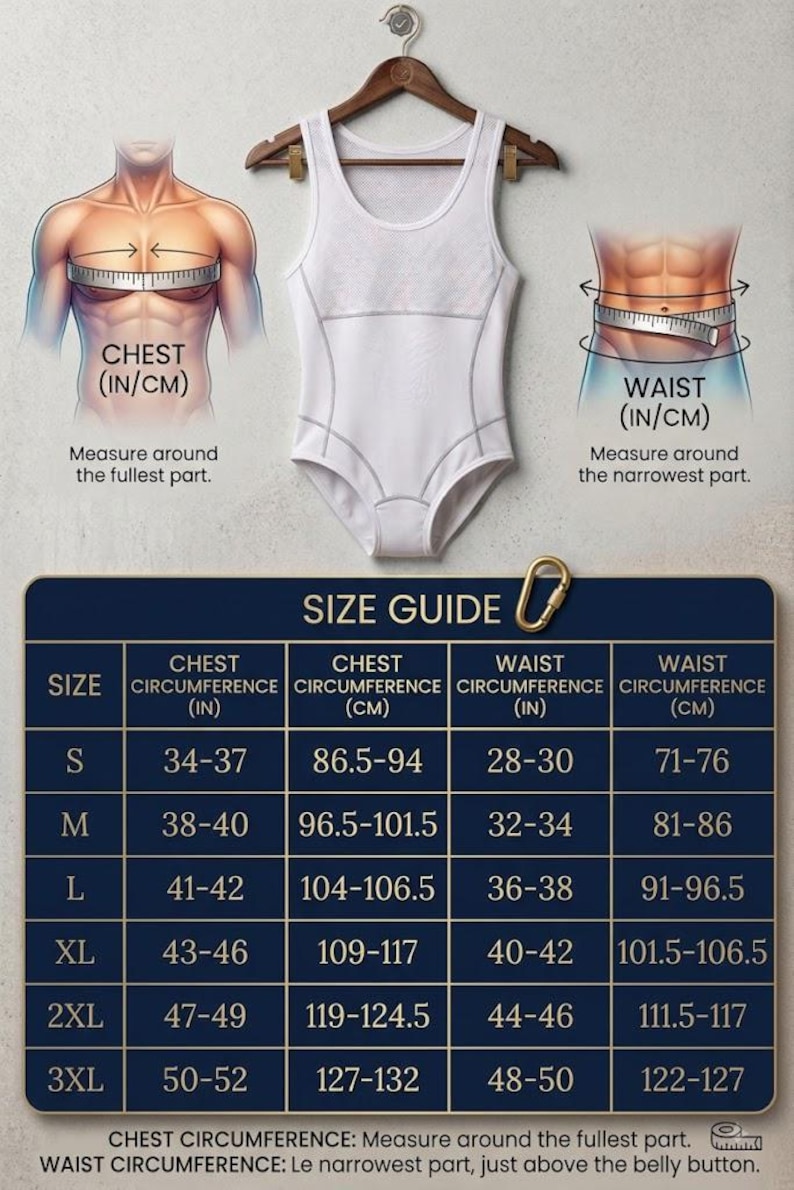 Mens cotton bodysuit size chart measurement guide⁠