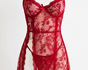 Lace Babydoll Set with Rhinestone Straps, See Through Strappy Lingerie Set, Sheer Underwire Chemise, Bridal Lingerie, Sexy Gift for Her