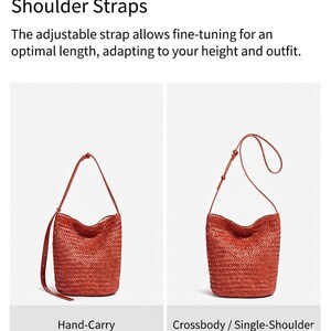 Op de afbeelding: Twee afbeeldingen van een geweven, roodbruine schoudertas met verstelbare bandjes. De eerste afbeelding toont de tas aan de hand gedragen, de tweede als crossbody of over &eacute;&eacute;n schouder. De tekst luidt "Shoulder Straps".