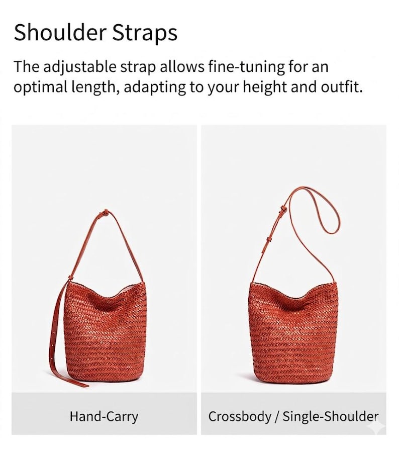 Op de afbeelding: Twee afbeeldingen van een geweven, roodbruine schoudertas met verstelbare bandjes. De eerste afbeelding toont de tas aan de hand gedragen, de tweede als crossbody of over &eacute;&eacute;n schouder. De tekst luidt "Shoulder Straps".