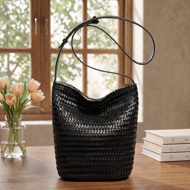 Op de afbeelding: Een zwarte geweven leren emmer tas met een enkele schouderriem. De tas heeft een cilindrische vorm met een brede opening en een geweven patroon. De tas staat op een houten tafel. Links een boeket tulpen in een glazen vaas.