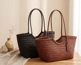 Handgeweven leren draagtas Dragon Diffusion, minimalistische boho-schoudertas, geweven leren strandtas, damesmarkttas, cadeau voor haar