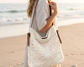 Gehaakte draagtas, boho geweven schoudertas, lichtgewicht zomerdraagtas, casual alledaagse strandhandtas, cadeau voor haar, lichtgewicht reistas