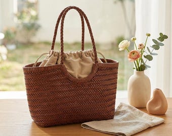 Zomer handgemaakte strogeweven emmertas, handtas drakendiffusie, hic boho-draagtas, werktas, cadeau voor haar, dameshandtas, lichtgewicht reistas